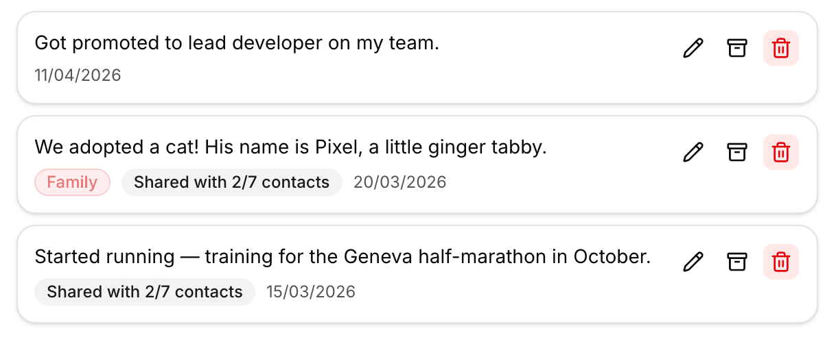 About You dashboard showing personal context and life notes